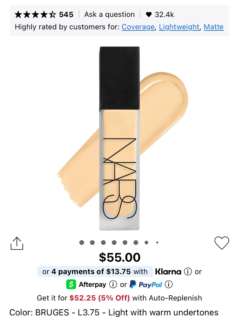 NARS Radiant Longwear Foundation - Light Beige (Bruges)